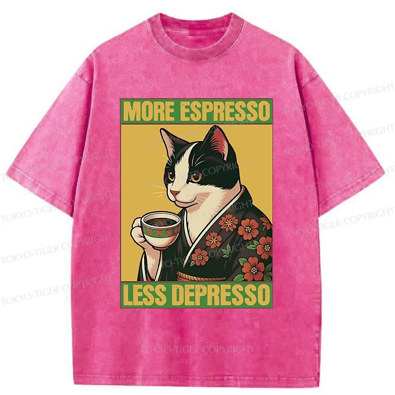 Tokyo-Tiger Tuxedo Cat Drinking Coffee Washed T-Shirt