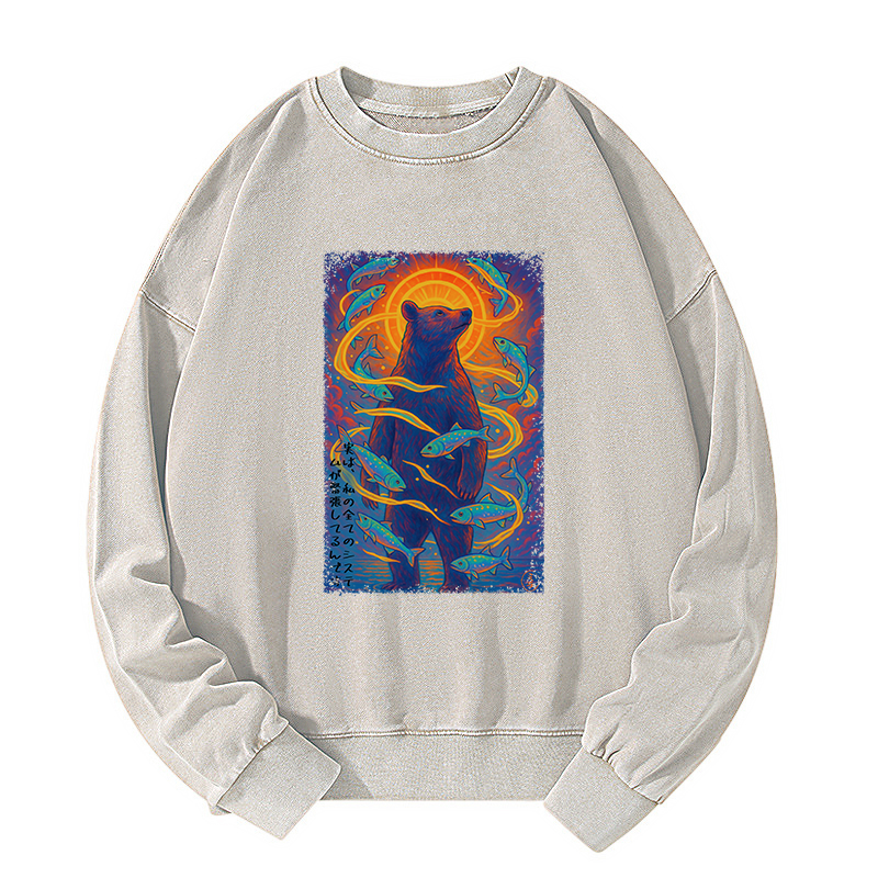 Tokyo-Tiger Ukiyoe Bear and Fish Vintage Poster Washed Sweatshirt