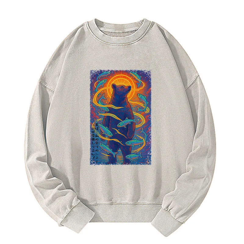 Tokyo-Tiger Ukiyoe Bear and Fish Vintage Poster Washed Sweatshirt