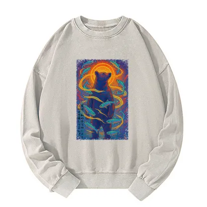 Tokyo-Tiger Ukiyoe Bear and Fish Vintage Poster Washed Sweatshirt