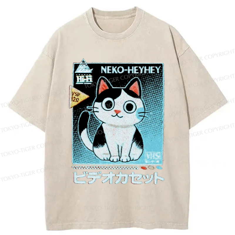 Tokyo-Tiger Retro Cat Videos Washed T-Shirt
