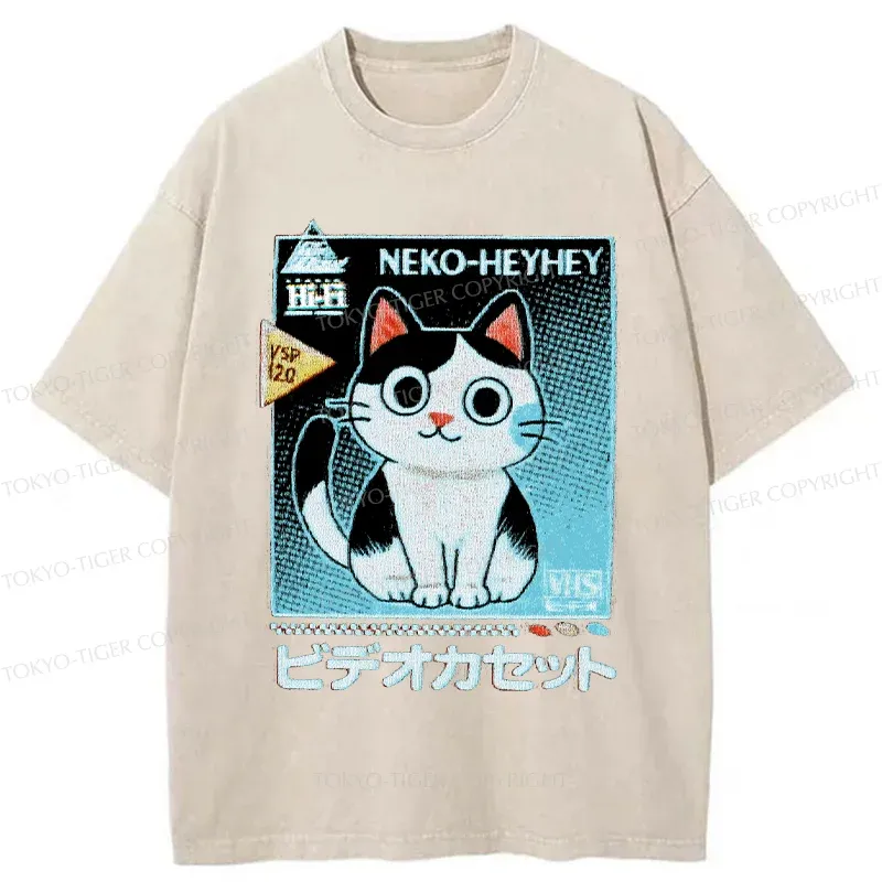 Tokyo-Tiger Retro Cat Videos Washed T-Shirt