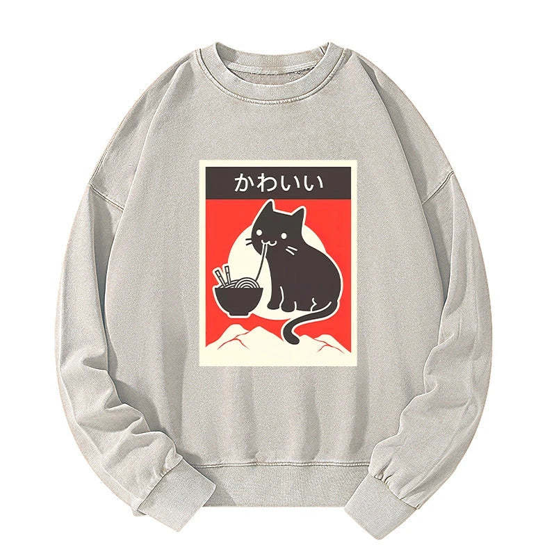 Tokyo-Tiger "Kawaii" Vintage Style Japenese Ramen Cat Washed Sweatshirt-tokyo-tiger