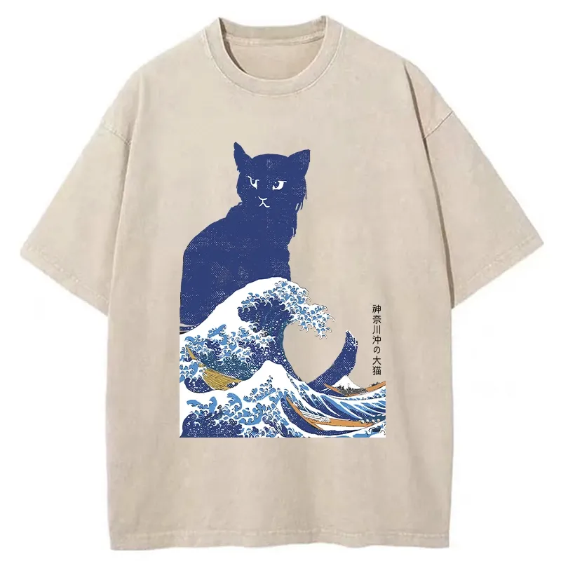 Tokyo-Tiger The Great Wave Off Cat Washed T-Shirt