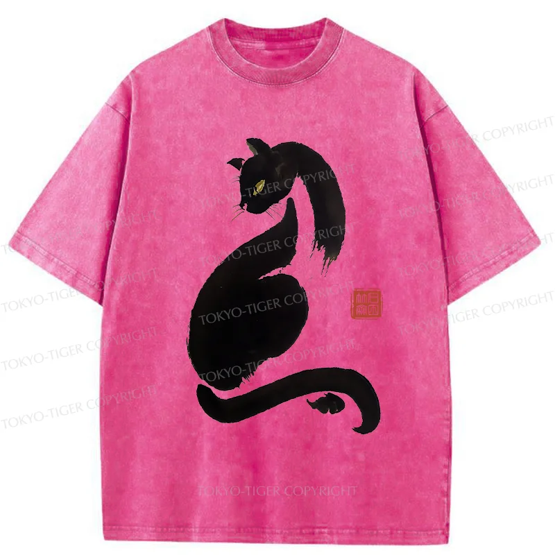 Tokyo-Tiger Elegant Black Cat Washed T-Shirt