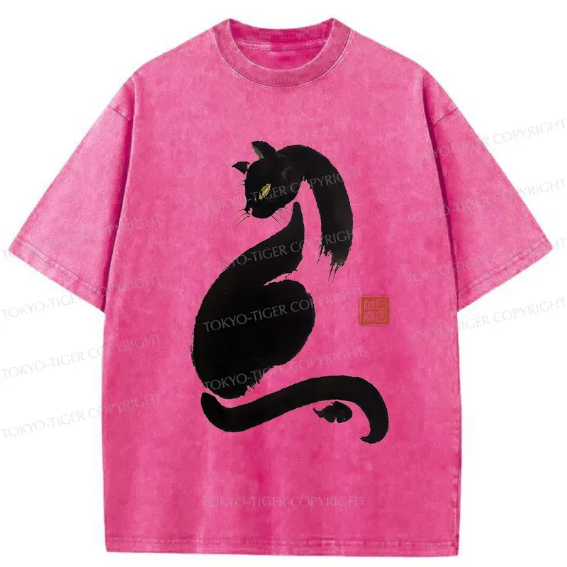 Tokyo-Tiger Elegant Black Cat Washed T-Shirt