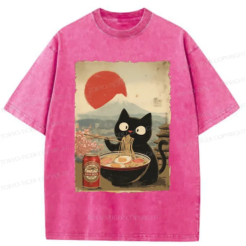Tokyo-Tiger Cat Eating Ramen And Drinking Beer Washed T-Shirt
