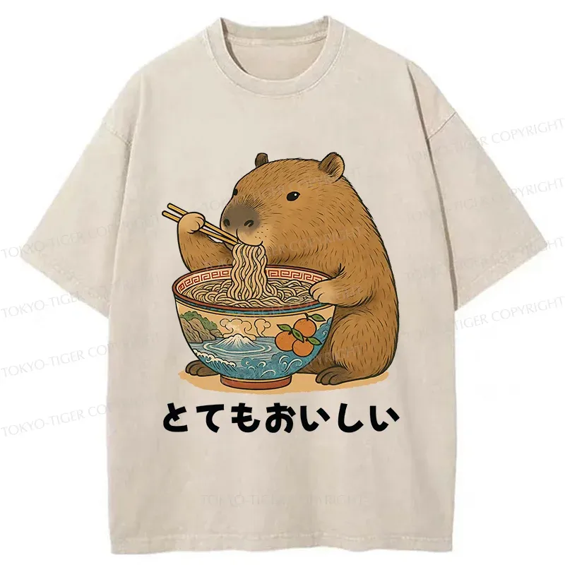 Tokyo-Tiger Capybara Eating Ramen Japan Washed T-Shirt Sale