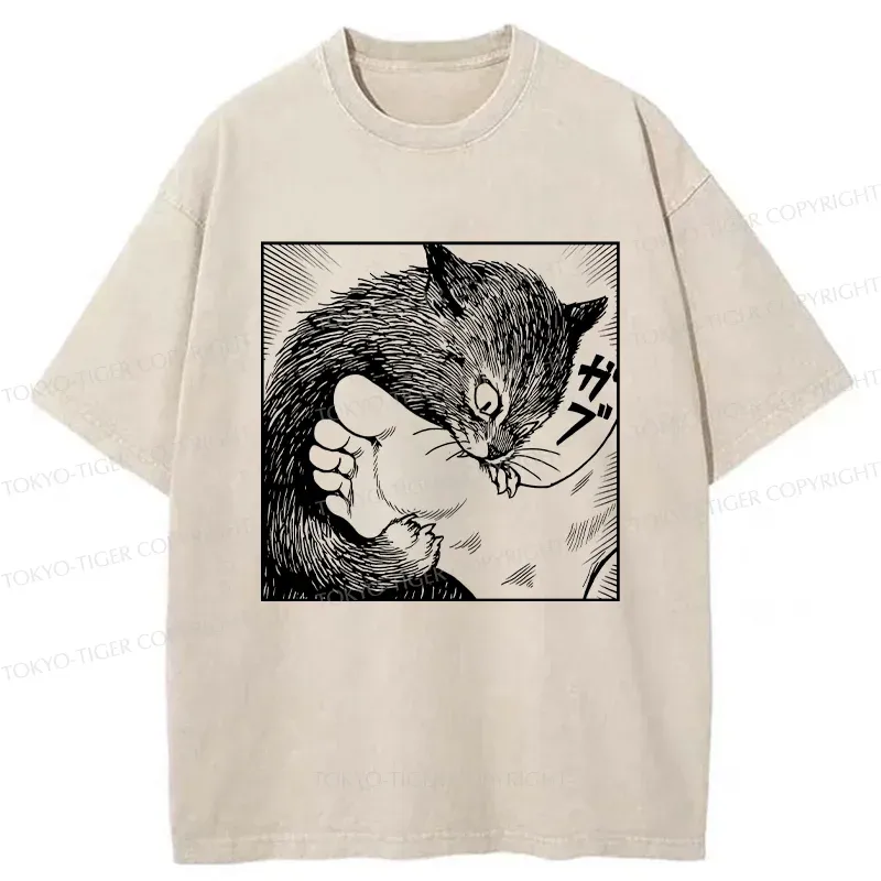 Tokyo-Tiger Cat Bites Feet Washed T-Shirt