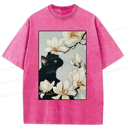 Tokyo-Tiger Cat Under Magnolia Blossoms Washed T-Shirt