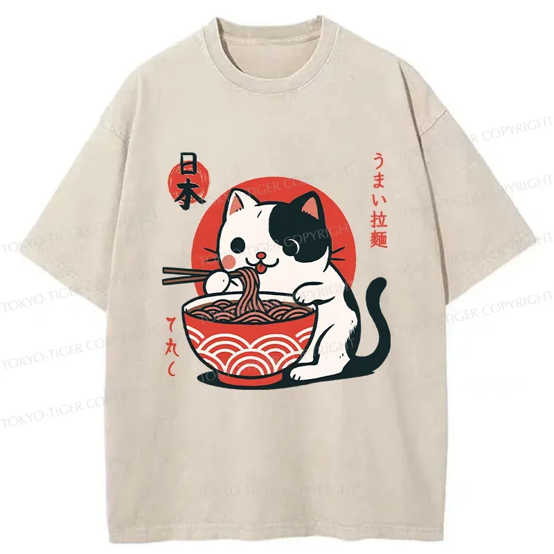 Tokyo-Tiger Cute Kitten Eating Ramen Washed T-Shirt