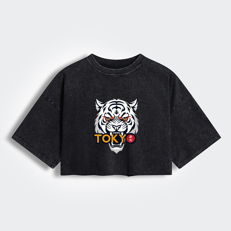 Tokyo-Tiger Logo Women's Washed Crop T-Shirt