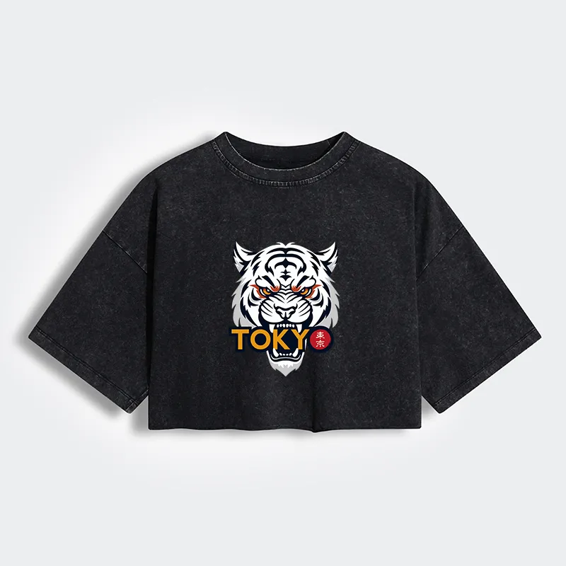 Tokyo-Tiger Logo Women's Washed Crop T-Shirt
