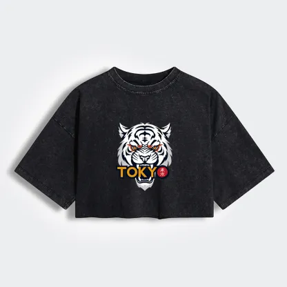 Tokyo-Tiger Logo Women's Washed Crop T-Shirt