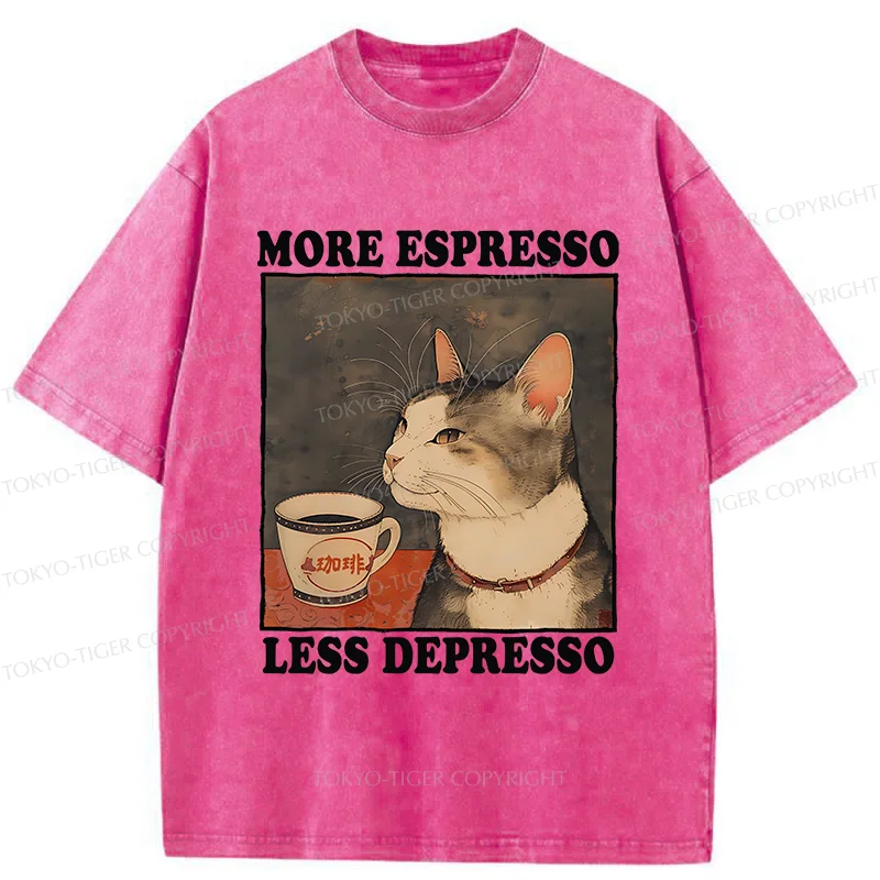 Tokyo-Tiger Cute Cat Drinking Coffee Washed T-Shirt