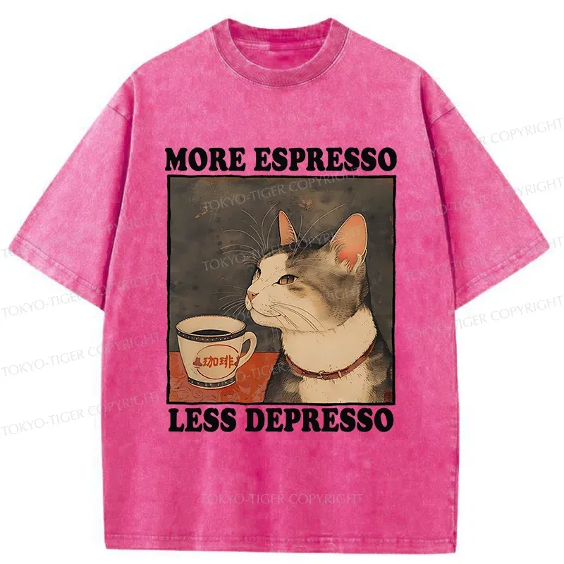 Tokyo-Tiger Cute Cat Drinking Coffee Washed T-Shirt