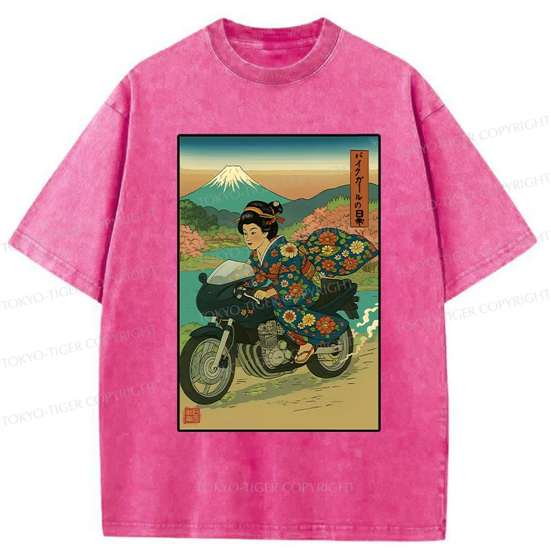 Tokyo-Tiger Geisha Riding A Motorcycle Washed T-Shirt