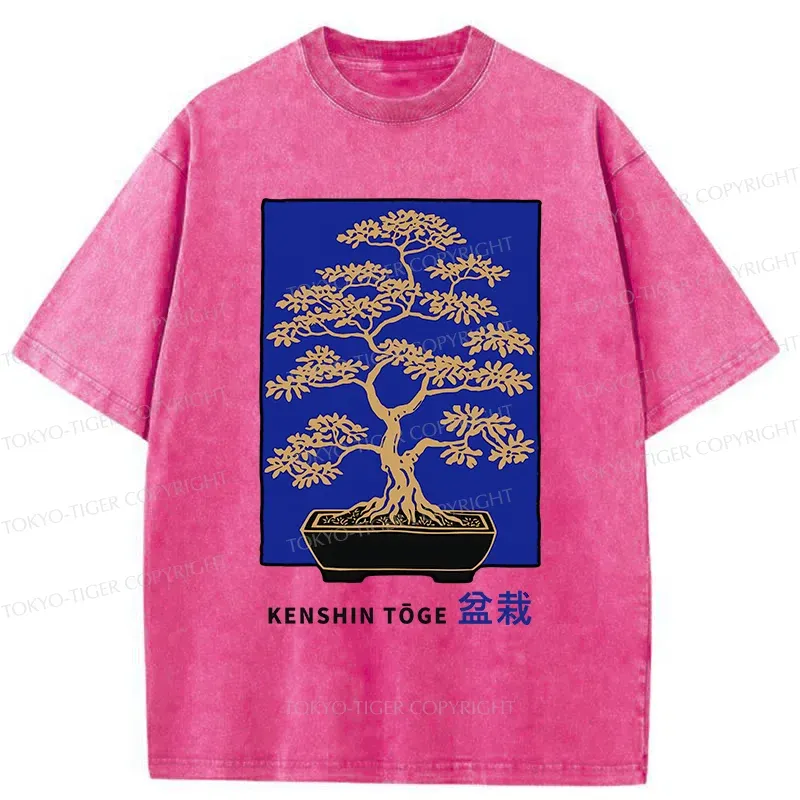 Tokyo-Tiger Japanese Bonsai Woodcut Washed T-Shirt