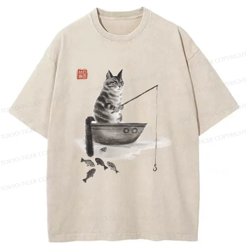 Tokyo-Tiger Cat Fishing Washed T-Shirt