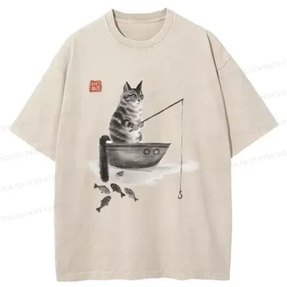 Tokyo-Tiger Cat Fishing Washed T-Shirt