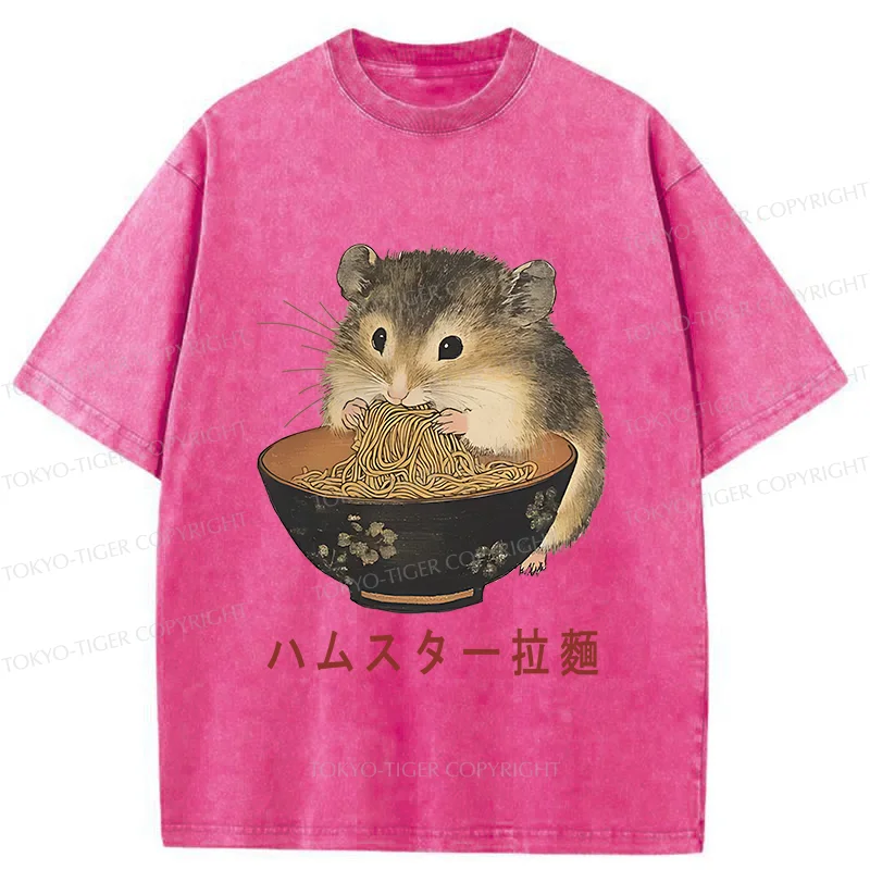 Tokyo-Tiger Hamster Eating Ramen Washed T-Shirt