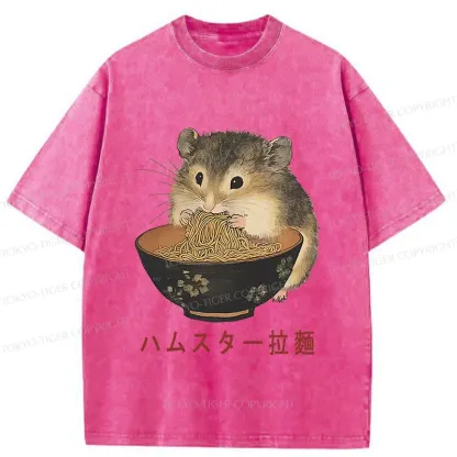 Tokyo-Tiger Hamster Eating Ramen Washed T-Shirt