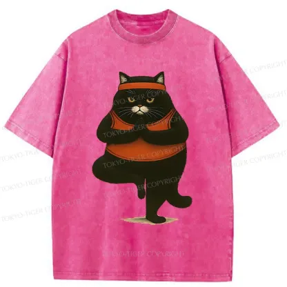 Tokyo-Tiger Black Cat Doing Yoga Washed T-Shirt