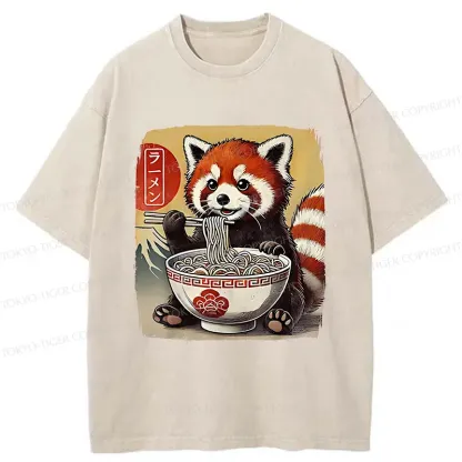 Tokyo-Tiger Cute Raccoon Eating Ramen Washed T-Shirt