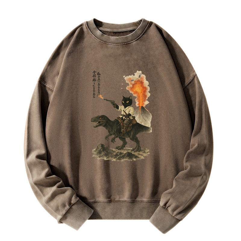 Tokyo-Tiger Cat Riding A Dinosaur Washed Sweatshirt