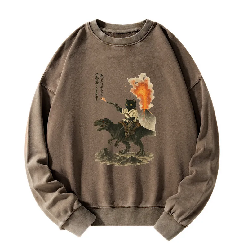 Tokyo-Tiger Cat Riding A Dinosaur Washed Sweatshirt