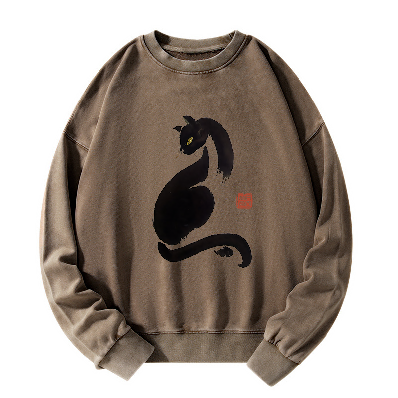 Tokyo-Tiger Elegant Black Cat Japan Washed Sweatshirt
