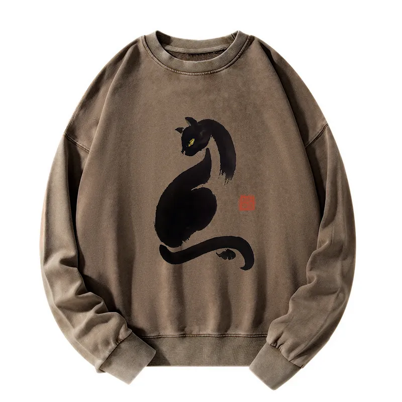 Tokyo-Tiger Elegant Black Cat Japan Washed Sweatshirt