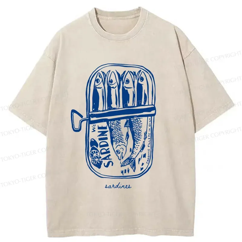 Tokyo-Tiger Woodcut Sardines Washed T-Shirt