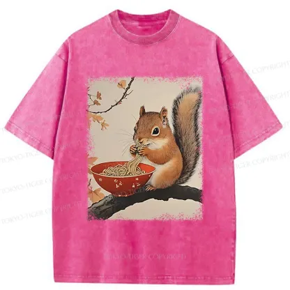 Tokyo-Tiger Squirrel Eating Ramen Washed T-Shirt