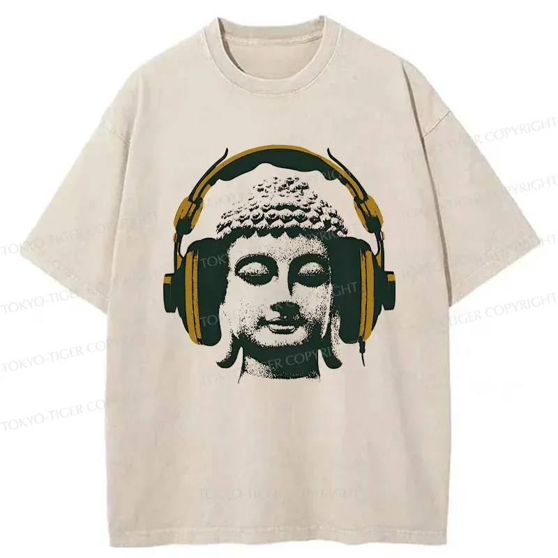Tokyo-Tiger Buddha Listening To Music Washed T-Shirt