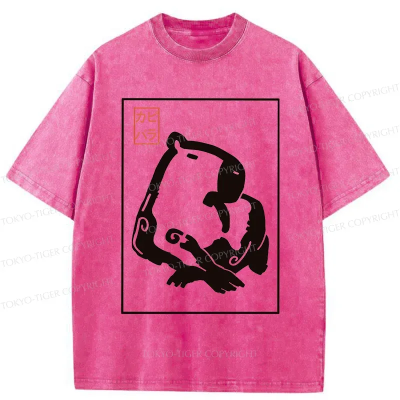 Tokyo-Tiger Woodblock Print Capybara Washed T-Shirt