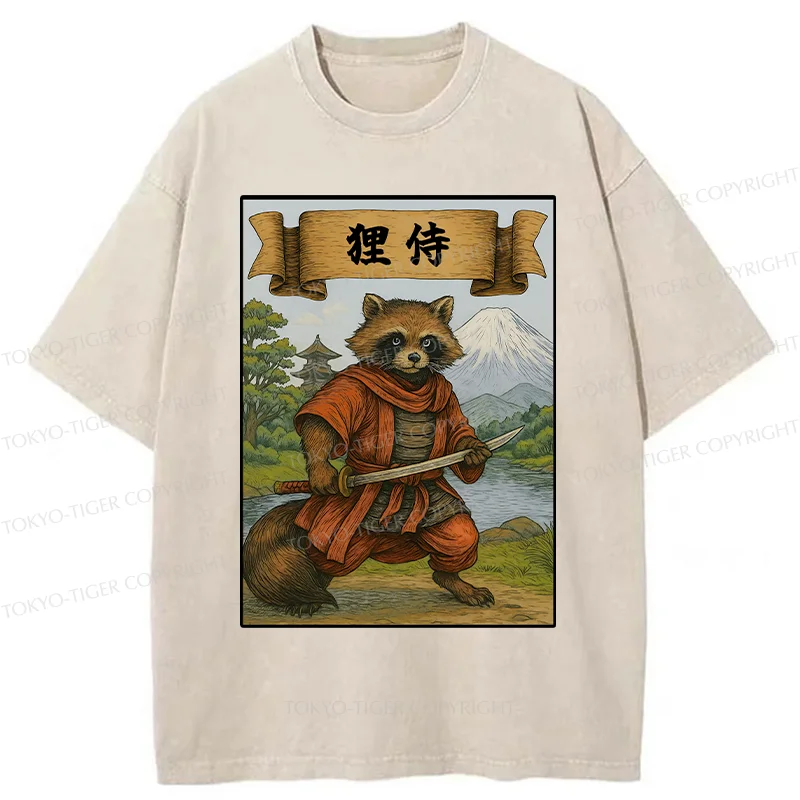 Tokyo-Tiger Raccoon Samurai Japan Washed T-Shirt