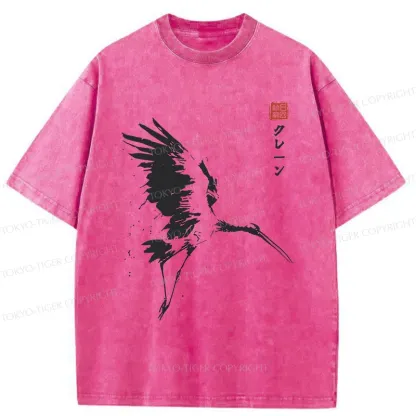 Tokyo-Tiger Japanese Crane Ink Painting Washed T-Shirt