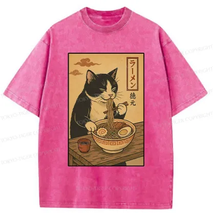 Tokyo-Tiger Tuxedo Cat Eats Ramen Washed T-Shirt