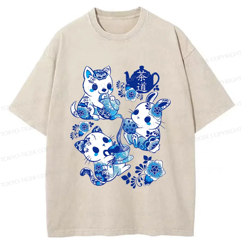 Tokyo-Tiger Blue And White Porcelain Washed T-Shirt