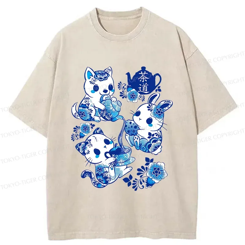 Tokyo-Tiger Blue And White Porcelain Washed T-Shirt