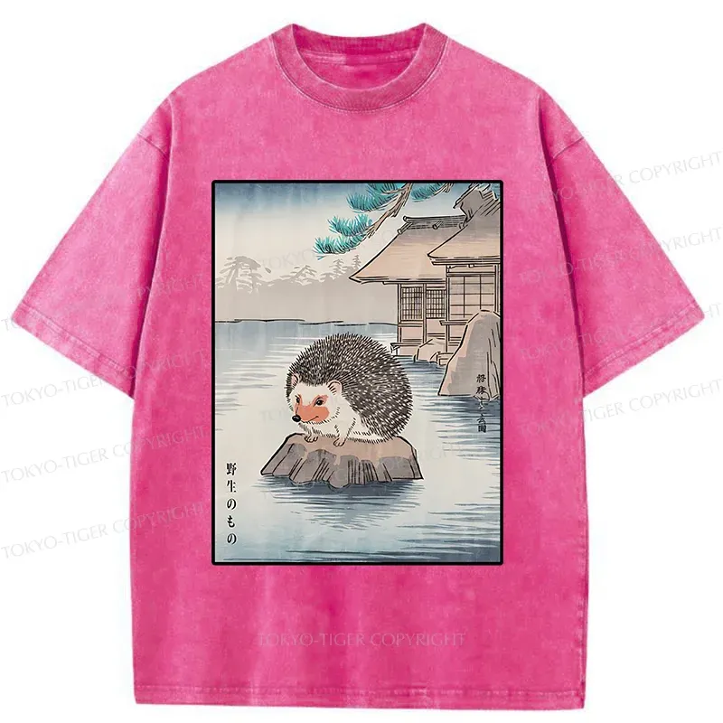 Tokyo-Tiger Hedgehog Taking A Hot Spring Bath Washed T-Shirt