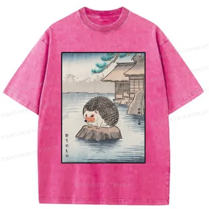 Tokyo-Tiger Hedgehog Taking A Hot Spring Bath Washed T-Shirt