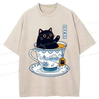 Tokyo-Tiger Cat In Teacup Washed T-Shirt