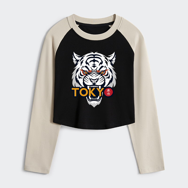 Tokyo-Tiger Logo Women's Crop Raglan T-Shirt