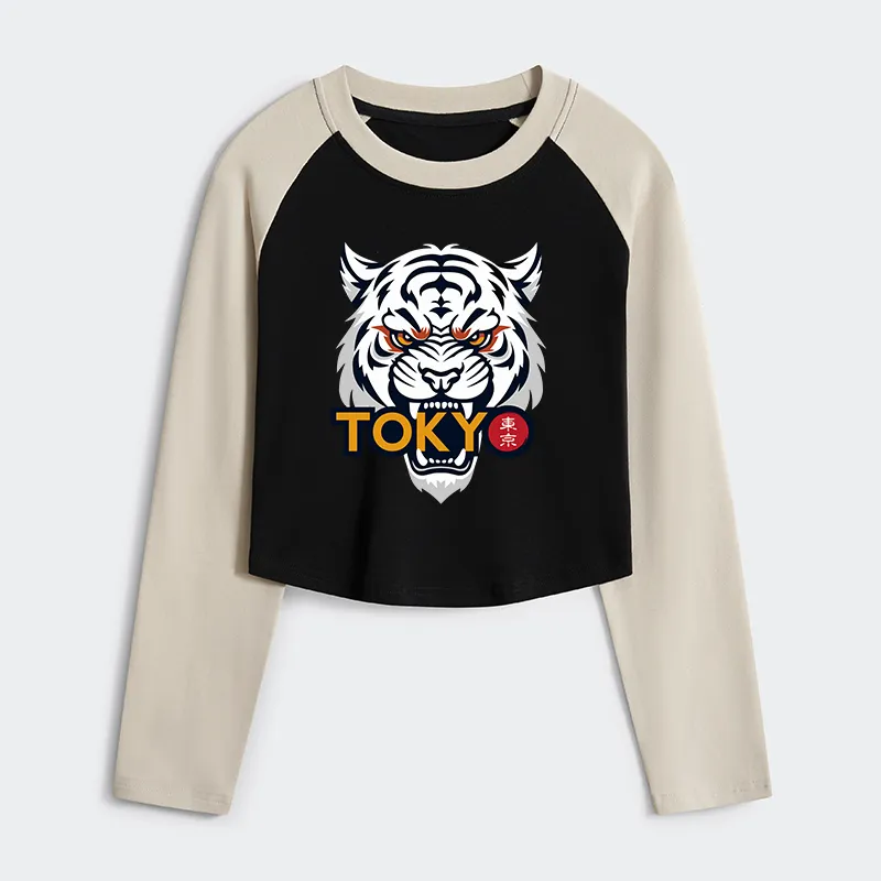 Tokyo-Tiger Logo Women's Crop Raglan T-Shirt