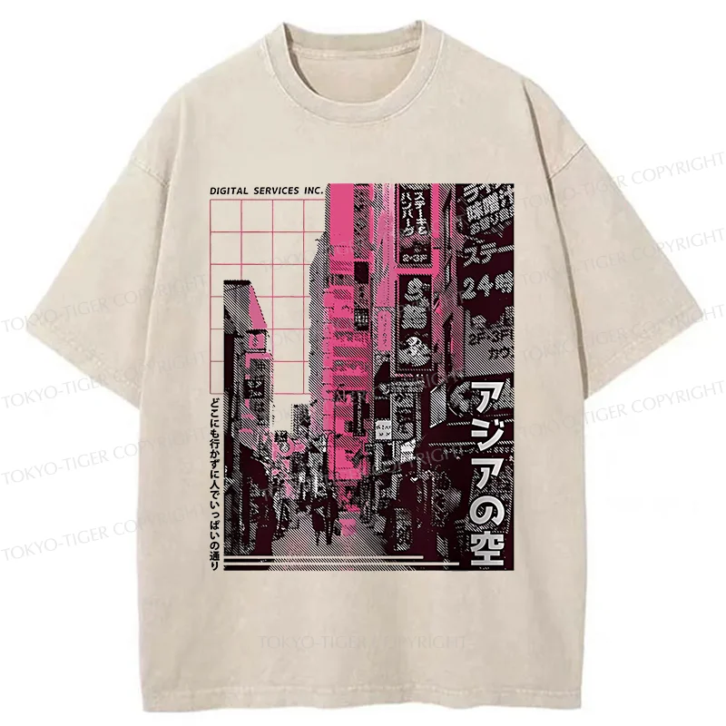 Tokyo-Tiger Tokyo Street Scene Washed T-Shirt