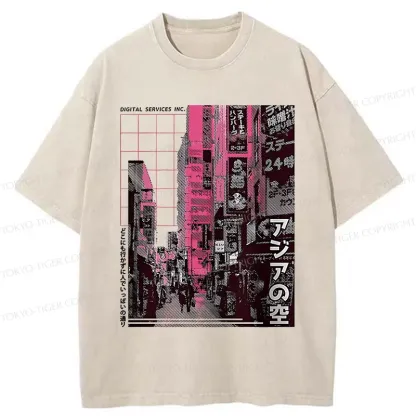Tokyo-Tiger Tokyo Street Scene Washed T-Shirt