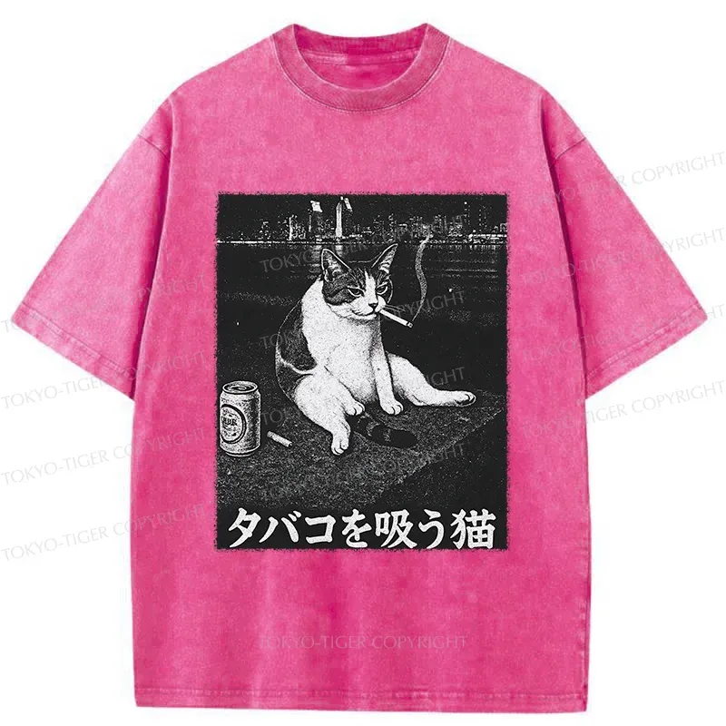 Tokyo-Tiger Smoking Cat Funny Washed T-Shirt
