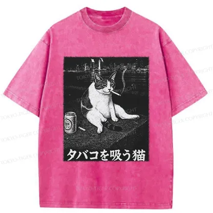 Tokyo-Tiger Smoking Cat Funny Washed T-Shirt